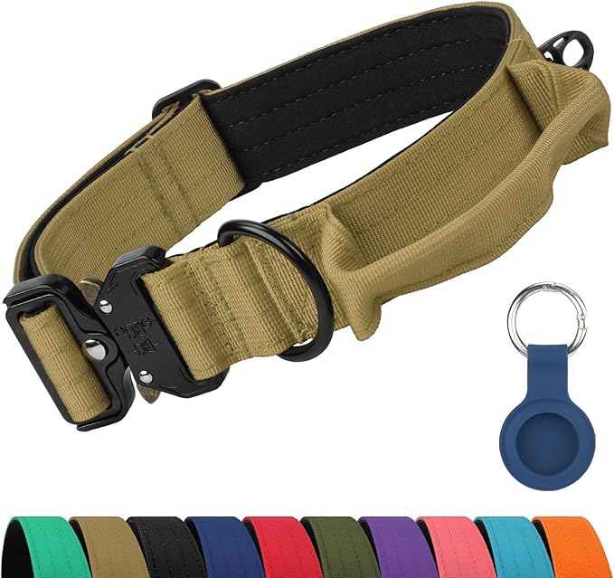 Joytale Tactical Dog Collar for Large Dogs with Control Handle, Heavy Duty Military Training Collar for Power Breeds, AirTag Holder Case, Quick Release Metal Buckle, Soft Padded, L, Khaki