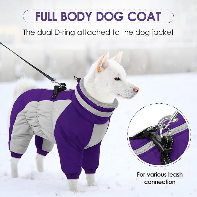 Full Body Dog Coat - Warm Fleece Jacket for Extra Large Dogs, Turtleneck Winter Coats with Harness, Reflective Dog Snowsuit Windproof Puffer Jackets with Legs for Great Dane, Purple 3XL