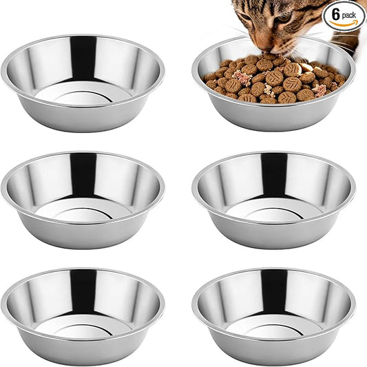 Tifanso 6PCS Stainless Steel Cat Bowls Dishes, 5.6” Metal Shallow Wide Whisker Friendly Cat Food Water Feeding Bowl, Kitten Plates, Basic Indoor Pet Food Tray, Dishwasher Safe