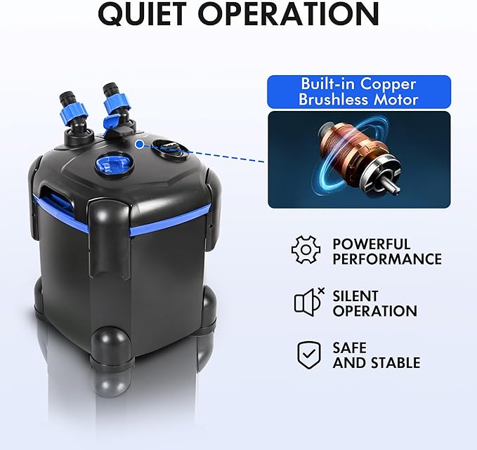 AMOSIJOY Canister Filter, Ultra-Quiet External Aquarium Filter with Free Media for Large Fish Tanks and Aquariums