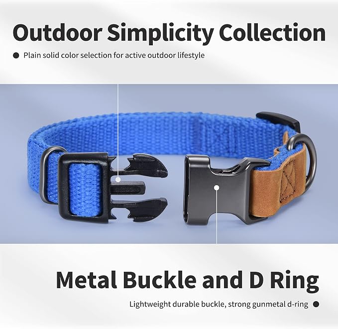 Mile High Life Genuine Leather Dog Collar, Soft Cotton Pet Collars with Heavy Metal Buckle for Small Large Dogs (Blue, S Neck 11"-15")