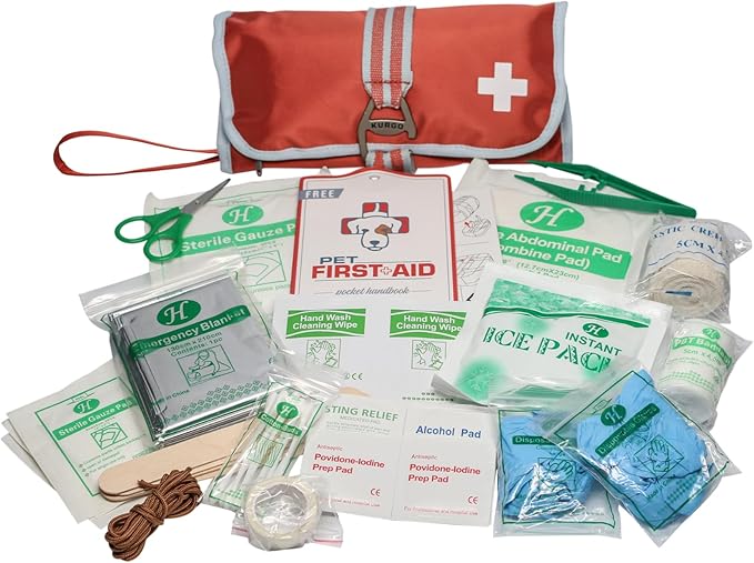 Kurgo Dog First Aid Kit - Emergency Care for Dogs on Hikes & Travel - Includes Dog First Aid Guide - 50 Pieces - Durable Oxford Fabric - Compact Travel Aid Kit