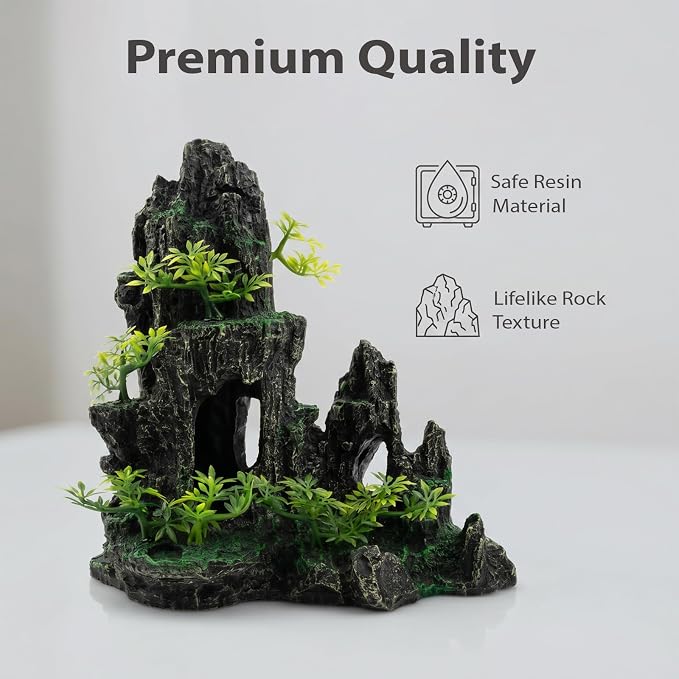 Aquarium Mountain View Stone Ornament, Large Resin Hideout Cave for Betta & Shrimp, Fish Tank Decor Rock Cave with Fish Cave and Hideouts (10.63" x 6.30" x 10.24")
