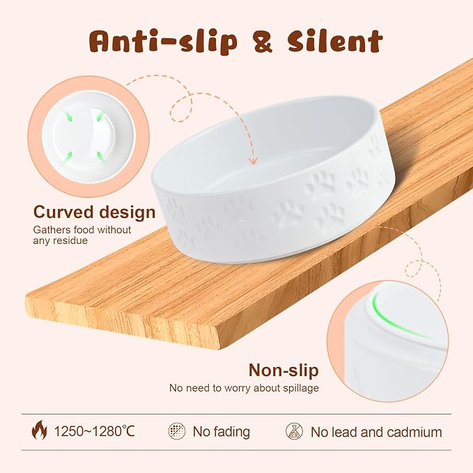 SPUNKYJUNKY Ceramic Elevated Dog Bowl Set with Acacia Wood Stand for Food and Water for Large Dogs (60.87 OZ, White, Dog Paw Pattern)