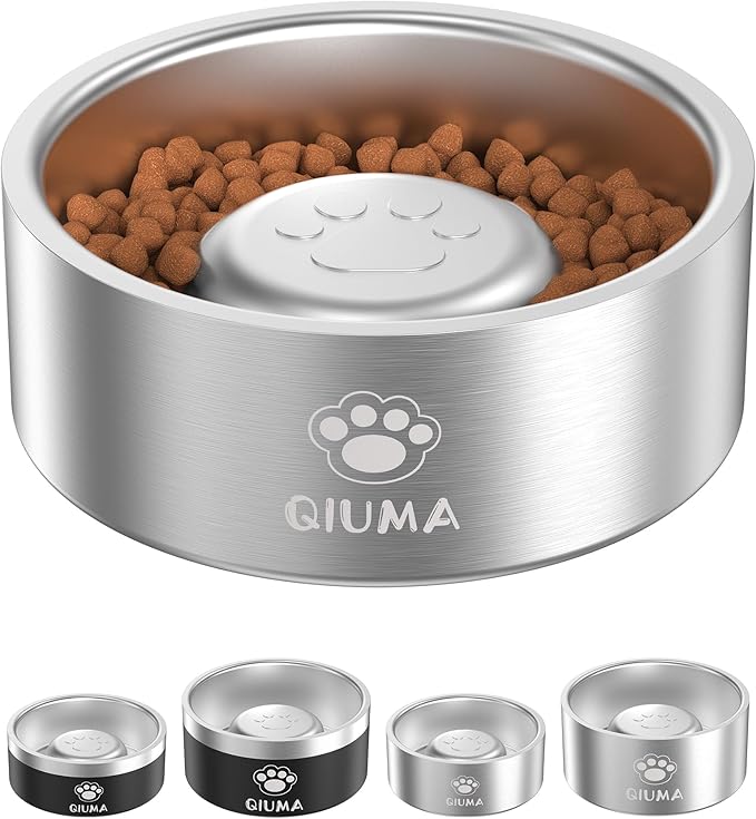 Qiuma Slow Feeder Dog Bowls Stainless Steel, Food-Grade 304 Dog Slow Feeder Bowl 2 Cups Capacity, Heavy Duty Double-Layer with Non-Slip Base, Pet Puzzle Bowl for Small & Medium Dogs (Silver)