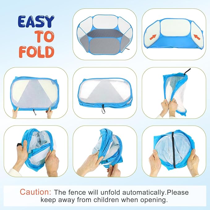 Pawaboo Small Animals Playpen with Pad, Waterproof Small Pet Cage Tent with Reusable Pad, Portable Outdoor Yard Fence for Chick/Kitten/Puppy/Guinea Pig/Rabbits/Chinchillas, Blue+Gray
