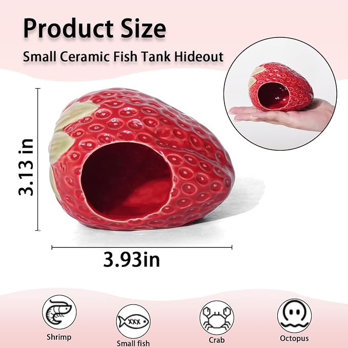 Ceramic Aquarium Decor Cute Red Strawberry Betta Fish Tank Cave | Smooth-Surface Safe for Fish Hiding & Breeding, Easy-Clean, No Assembly, for Play & Rest,Fits 2.5-5 Gallon Fish Tanks