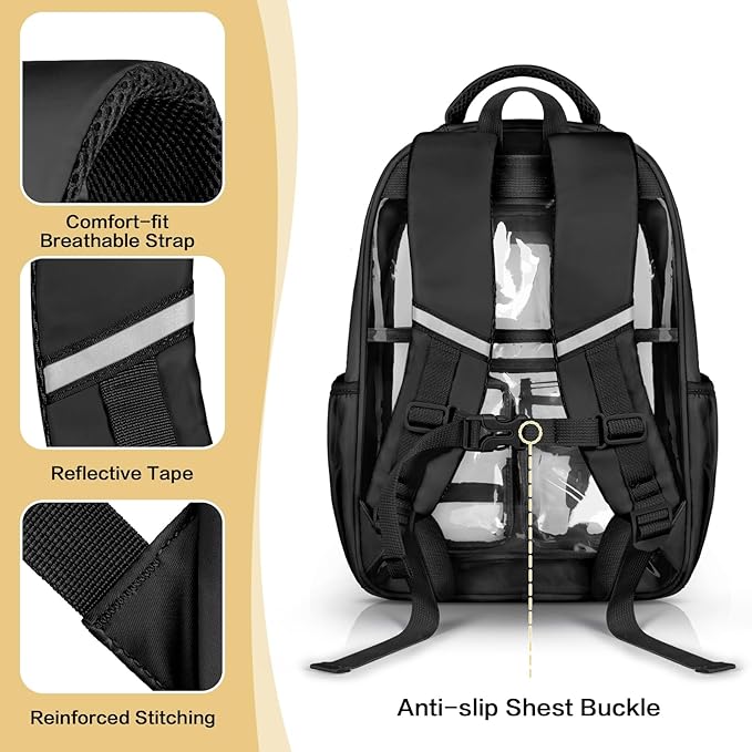 PAMANO Clear Backpack for Girls, Heavy Duty Transparent Bookbag for Kids, See Through Cute Backpacks for Elementary Primary School Work Sport Travel - Black