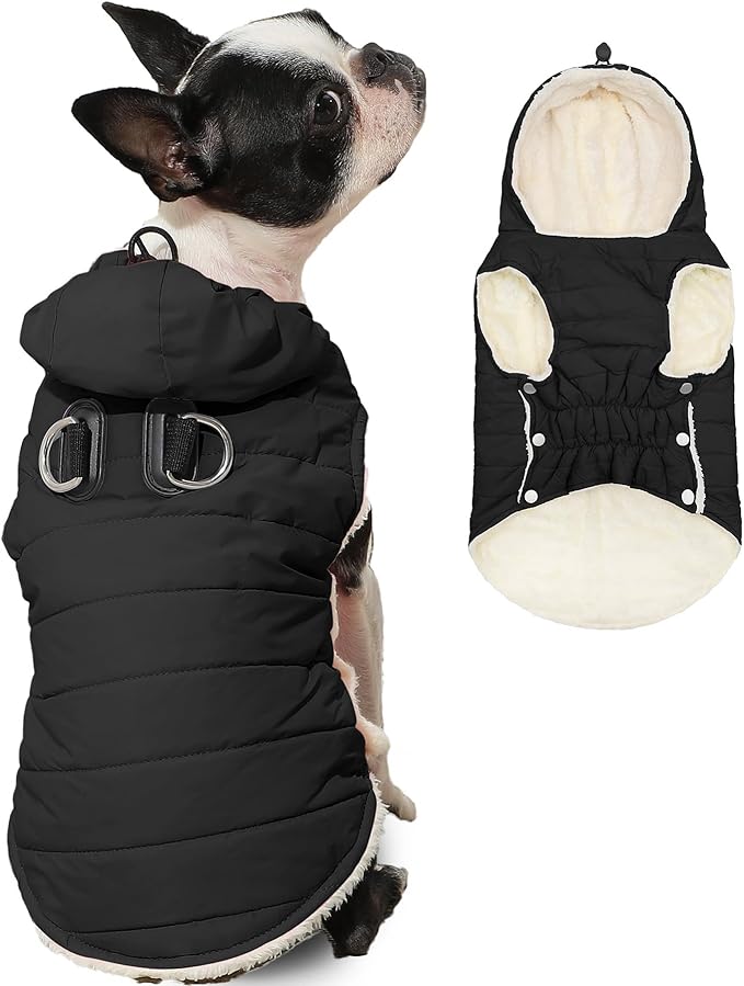 Vecomfy Fleece Lining Dog Hoodie with Harness Built in,Extra Warm Small Dog Jacket in Winter Puppy Coats with Drawstring Hooded,Black M
