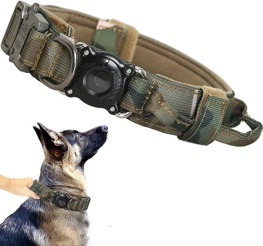 Upgraded AirTag Dog Collar,Waterproof Tactical Dog Collar with AirTag Holder, Control Handle and Metal Buckle,Heavy Duty Dog Collars for Large Dogs(AirtagCamo，L