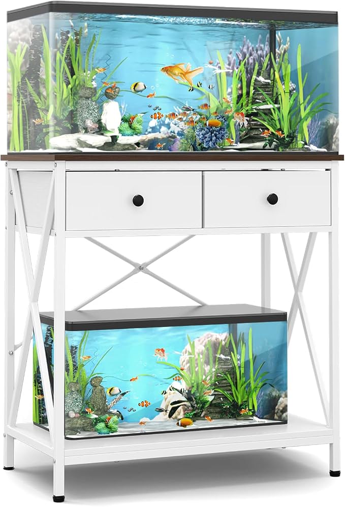 Fish Tank Stand with Drawer,20-29 Gallon Aquarium Stand Easy Assemble | Stable Metal Frame, 2-Tier Breeder Reptile Terrarium Stand Fits Office Home,30.7"x16.5" MDF Tabletop, 330lbs Capacity, White
