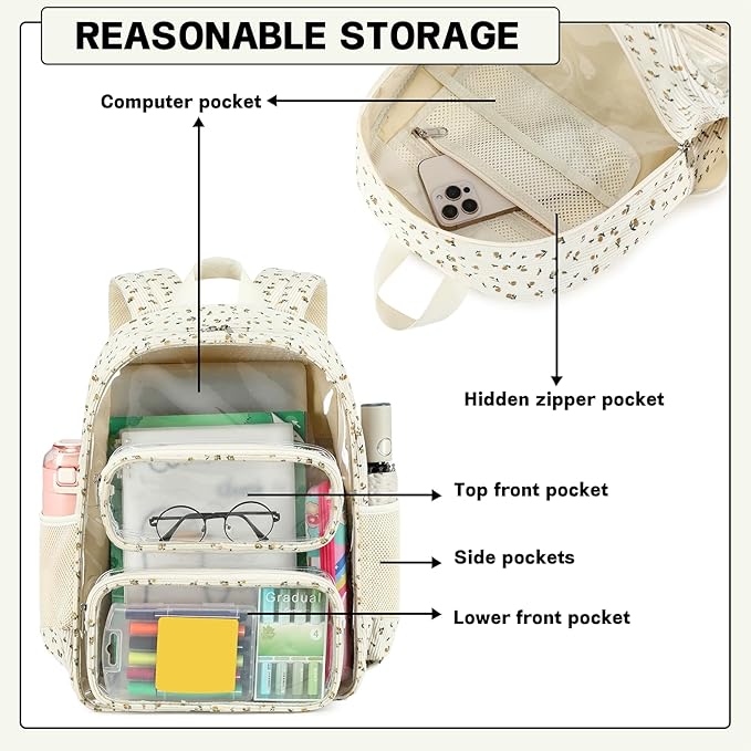 CAMTOP Clear Backpack Heavy Duty Transparent Bag See Through BookBag for Student School Work Festival Sport Travel (Beige Yellow Flowers)