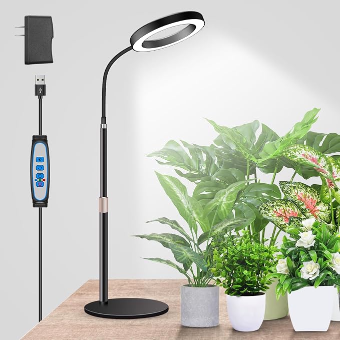 Grow Lights for Indoor Plants, 80 LEDs, Height Adjustable 16.5-25" | Full Spectrum, Auto Timer 6H/12H/16H, 5 Dimmable Levels, Flexible Gooseneck 6000K, Desk Plant Light with Base