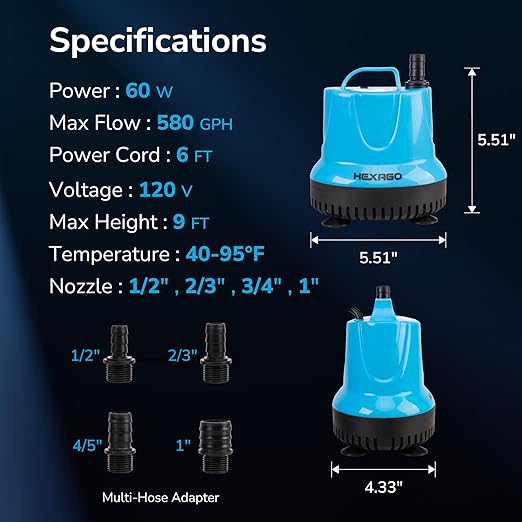 Hexago 580GPH Submersible Water Pump, 60W High Flow Fountain Pump with 9FT Max Lift, Quiet Small Sump Pump for Pond, Aquarium, Hydroponics, Waterfall, Fish Tank