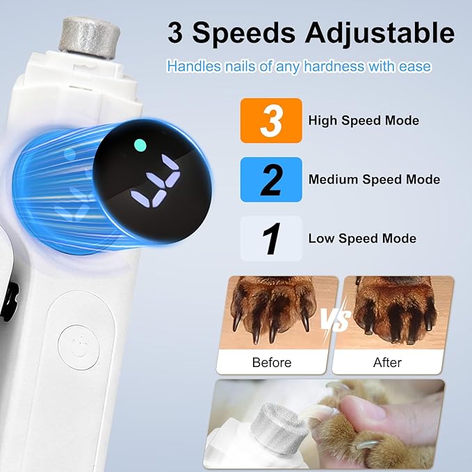 2-in-1 Dog Nail Clippers & Grinder with LED Light, Quiet Electric Pet Nail Trimmer for Small Medium Large Dogs & Cats, 3 Speeds, USB Rechargeable, Quick Sensor, Safety Lock & Splash Guard (White)