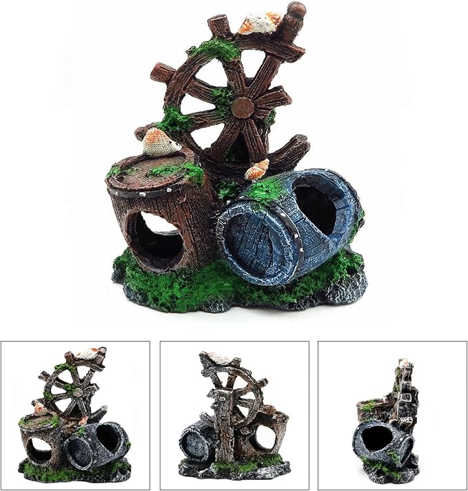 Mipukbay Fish Tank Decoration, Broken Ship Wheel & Cask Aquarium Decor Hiding Cave Ornament for Freshwater/Saltwater, Safe Landscaping Rock Resin Decoration for Betta Fish, Goldfish and Aquatic Pets