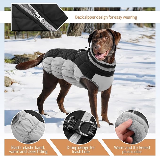 Large Dog Coat, XXLarge Dog Winter Coat, Waterproof Pet Jacket with Back Zipper,Extra Large Pet Coats, Warm Fleece Jacket with D-Ring, Windproof Winter Clothes Golden Retriever,Black,XXL