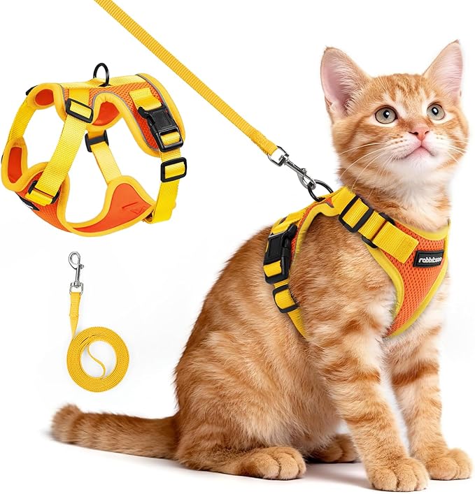 rabbitgoo Cat Harness and Leash Set, Escape Proof Soft Adjustable Vest Harnesses for Outdoor Walking, Easy Control Breathable Kitten Jacket with Reflective Strips, Orange & Yellow, XS