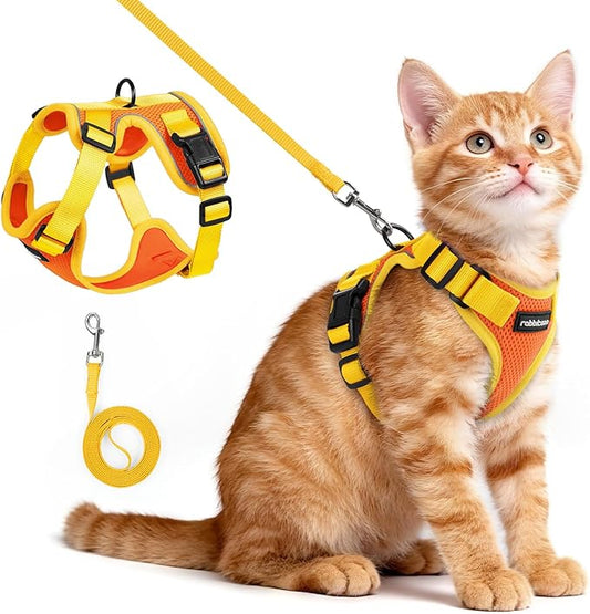 rabbitgoo Cat Harness and Leash Set, Escape Proof Soft Adjustable Vest Harnesses for Outdoor Walking, Easy Control Breathable Kitten Jacket with Reflective Strips, Orange & Yellow, XS