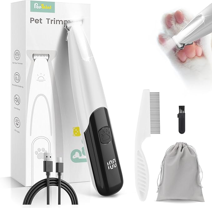 PAPMINI Dog Paw Trimmer with LED Light, 35dB Low Noise Paw Trimmers for Dog's Feet, 2 Speed Safety Electric Dog Clippers for Grooming, Rechargeable Cat Shaver for Paws, Ears, Face, Rump (White)