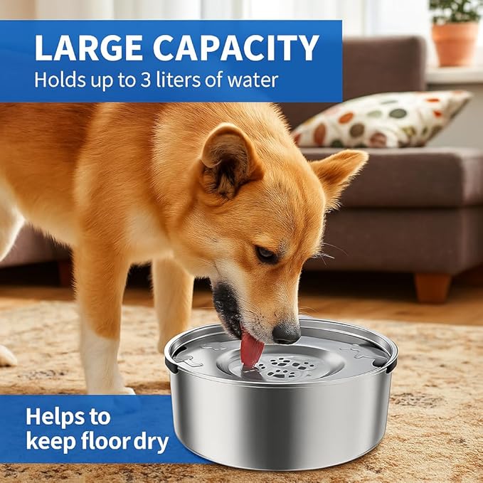3L/101oz Stainless Steel Dog Water Bowl with Floating Disk – Spill Proof & Slow Drinking Pet Feeder for Dogs & Cats – No Mess Travel Water Dispenser for Car & Home Use (Dog Water Bowl, 3L/101oz)