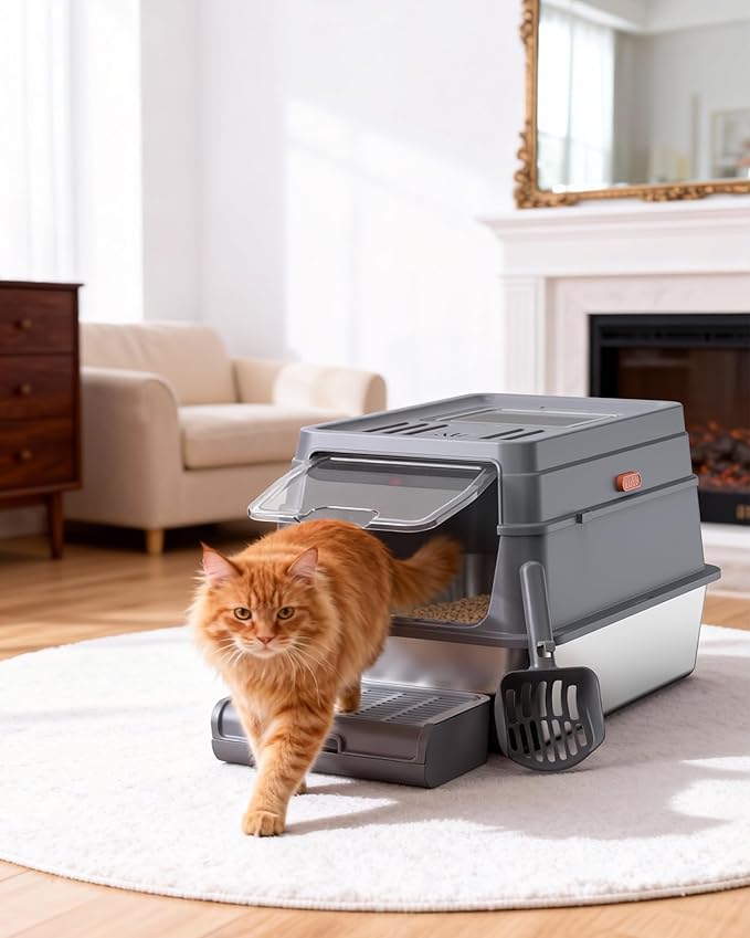 Powools Cat Litter Box - Stainless Steel Litter Box with Lid for Kitty, Metal Base Enclosed Cat Box with Litter Scoop, Elevated Step Box, Activated-Carbon Pack, 17.1" x 13.2" x 15", Grey