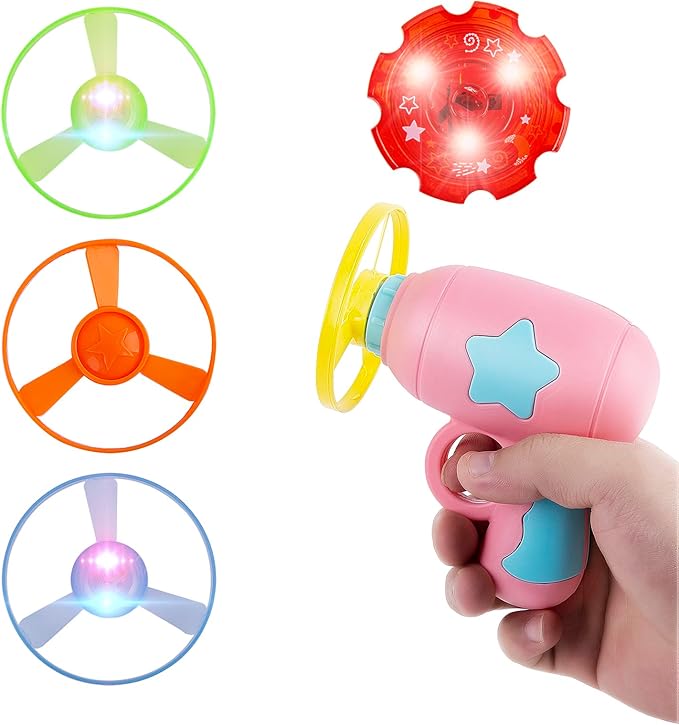 Berry President Flying Saucer Toy, Flying Disc Launch Playset with Rotating Flash Light, Indoor Outdoor Twist Shoot Toy for Kids Aged 3 Years Old & Up (Pink)