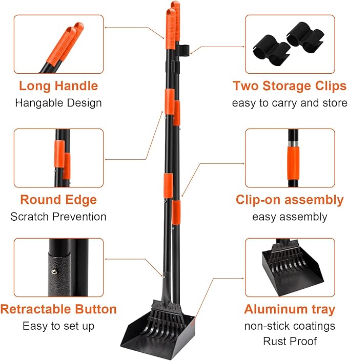 Pooper Scooper, Dog Pooper Scooper Tray and Rake Set with Adjustable Stainless Steel Long Handle for Large Medium Small Dogs