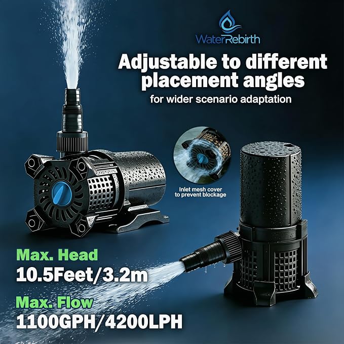 Pond Pump, 1100GPH Ultra Quiet, 62W Energy Saving Submersible Pump, Adjustable Flow, 2 Install Options, 20.3ft Cord for Koi Pond, Waterfalls, Fountains & Hydroponics