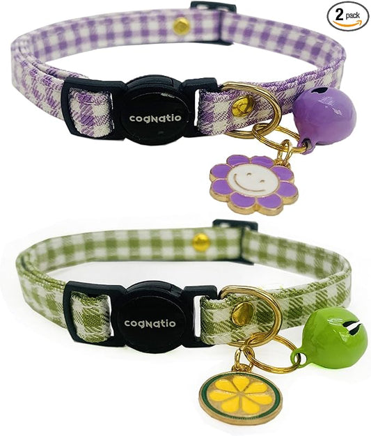 2 Pack Cotton Breakaway cat Collars with Bell,Safety Quick Release Pendant Cute Kitten Collar,Adjustable 20-30cm (Purple+Grass Green, 20-30cm)