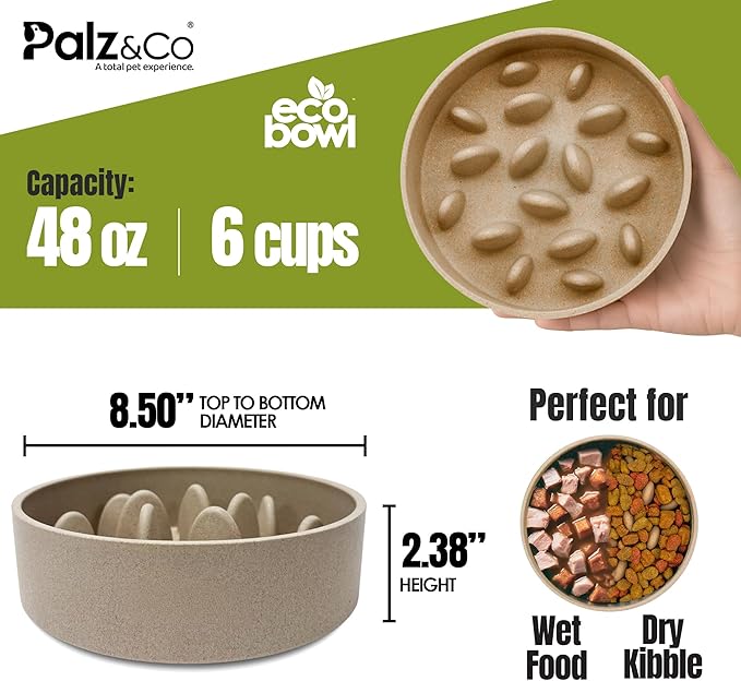 Palz&Co EcoBowl Slow Feeder for Dogs & Cats, 48 oz Beige - Natural Bamboo Puzzle Pet Bowl with Non-Slip Base for Slower Eating & Better Digestion, Dishwasher Safe