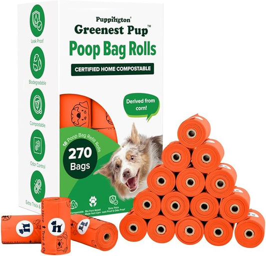 Puppington Certified Home Compostable Poop Bags - ASTM D6400 Compliant - 270 Extra Thick Bags - Plant Based - Pairs with Puppington 3-in-1 Bag & Fits all Standard Poop Bag Dispensers (Poppy Orange)
