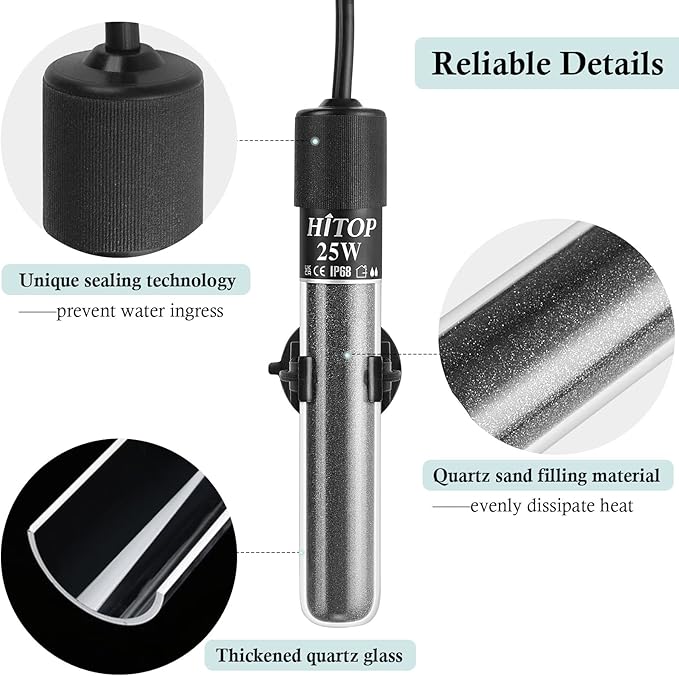 HITOP Compact Submersible Aquarium Heater -25W Digital Heater for Fish Tank Turtle Tank, for Saltwater and Fresh Water with Temperature Controller