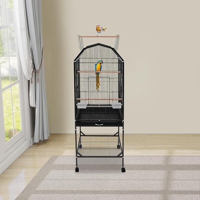 Birdcage Open Top 54 Inch Birdcages with Pull-Out Tray, Rolling Bird Cages with Wheels for Parakeets, Parrot, Cockatiel, Pigeon, Finch Cage(Black)