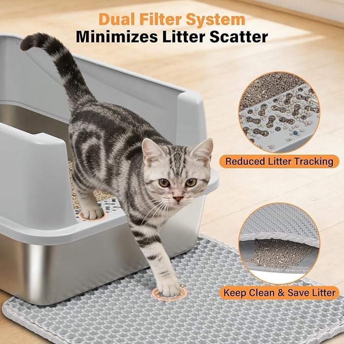 Stainless Steel Cat Litter Box with Lid, Metal Litter Box for Small Cats, Low Entry Kitten Litter Boxes with Scoop and Mat, Non-Sticky, Anti-Urine Leakage, Easy Cleaning, M