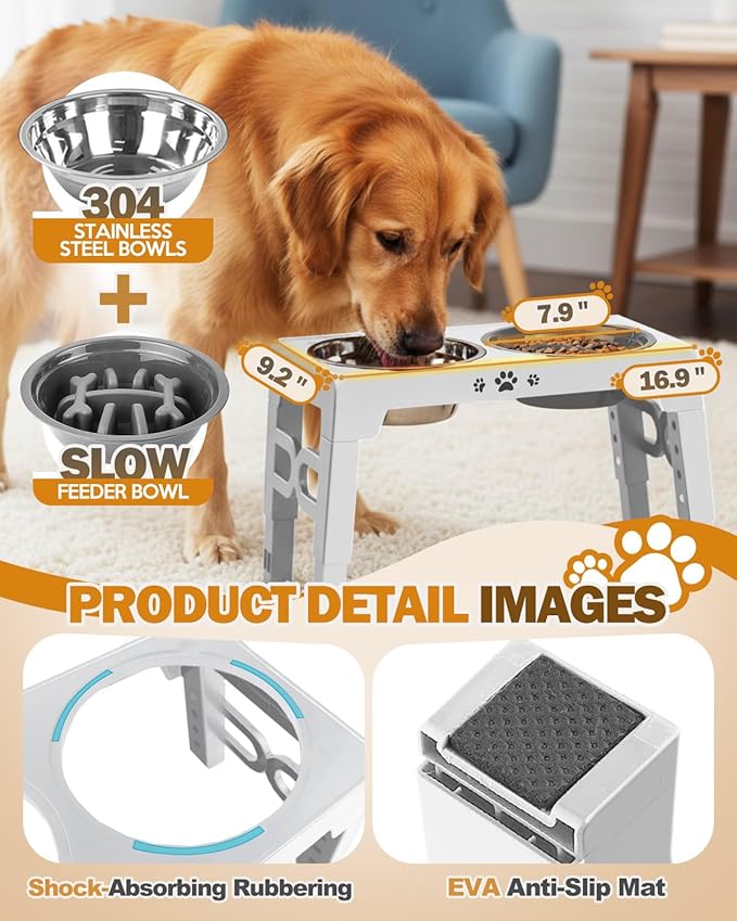 Jovrun Elevated Dog Bowls for Medium Large Size Dogs, Non-Slip Dog Feeder with 1*Stainless Steel Dishes & 1*Slow Feeder Bowl, 5 Heights Adjustable Raised Bowls to 3.15″-8.66″-9.84″-11.02″-12.2″