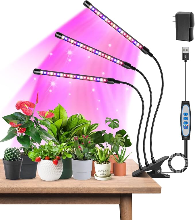Plant Lights, 3 Heads Clip On Grow Lights for Indoor Plants | Full Spectrum, Timer 6/12/16Hrs, 3 Spectrums, 5 Dimmable Levels, Flexible Gooseneck