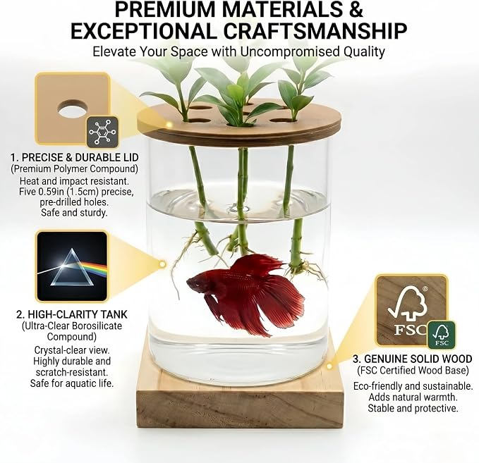 Desktop Aquaponic Betta Fish Tank, Ultra-Clear Borosilicate Glass Hydroponic Planter Vase with Premium Polymer Lid & Solid Wood Base, Small 4.33" Desktop Eco-Aquarium Jar for Home Office Decor