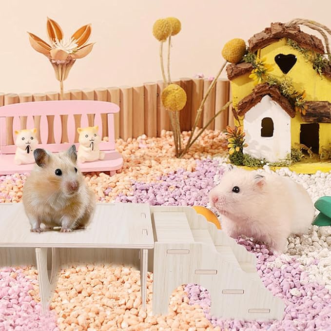 2 Pcs Hamster Hideouts, Wooden 2-Chamber Hideout-Tunnel Hamster Platform with Climbing Ladder
