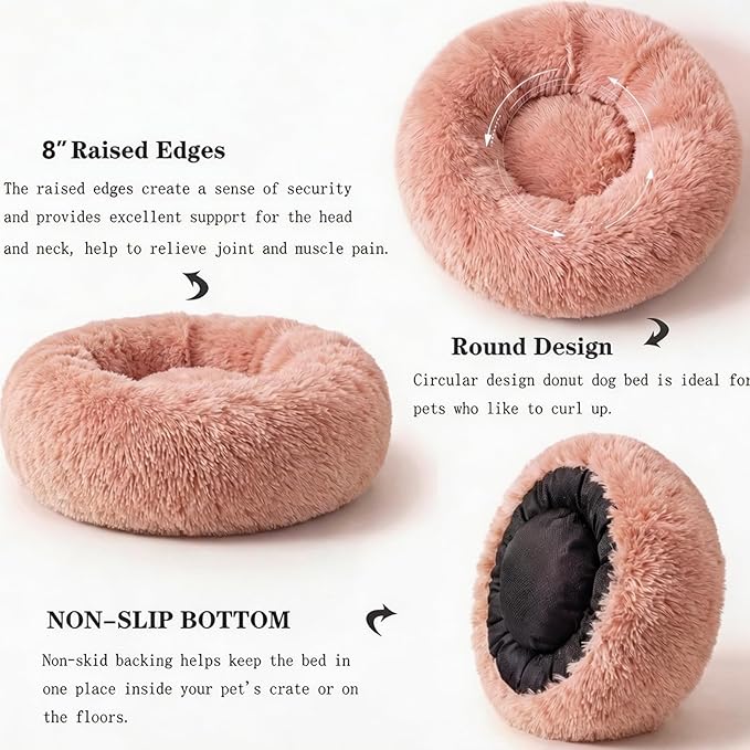 Calming Dog Bed for Medium Dogs Washable Donut 30 inches Anti-Slip Pet Bed,Round Fluffy Plush Faux Fur Cat Bed,Fits up to 45 lbs Pets,Pink