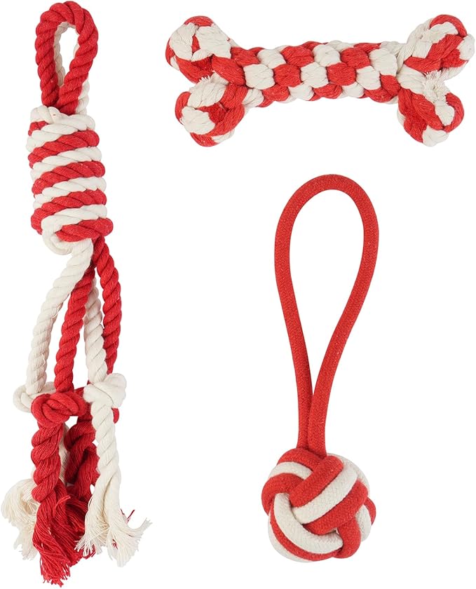 3 Pack Cotton Rope Dog Toy Set, Indestructible Chew Toys for Aggressive Chewers, Puppy Teething Toys with Bone, Human & Rope Dog Ball Designs for Boredom Relief & Tug of War， Red-White