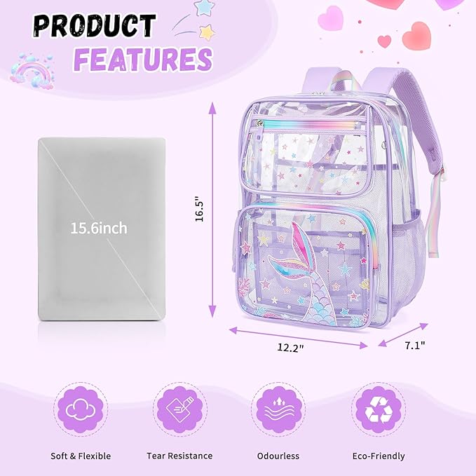 MOONBABY Clear Backpack for School Girls, Heavy Duty TPU Transparent Backpack Stadium Events Approved, Clear Bookbag