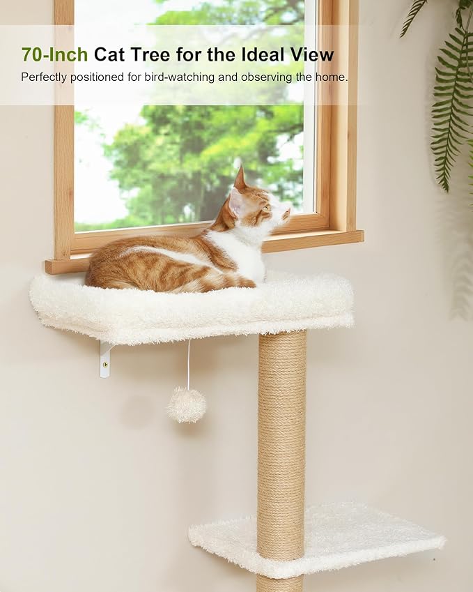 FUKUMARU Cat Wall Shelves Set, 70 Inch Stable Wall Mounted Tree, Kitten Scratching Post with Soft Cushion Perch, Space Saving Climbing Wall Furniture for 16 Inch Drywall - Beige