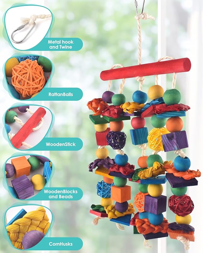 DBNESS Bird Toys, 2PCS Parrot Foraging Hanging Toy, Multicolored Natural Wooden Blocks Parakeet Chewing Toys mit Rattan Wicker Balls, for Medium Small Cockatoos Budgie Lovebird Cockatiel Conure