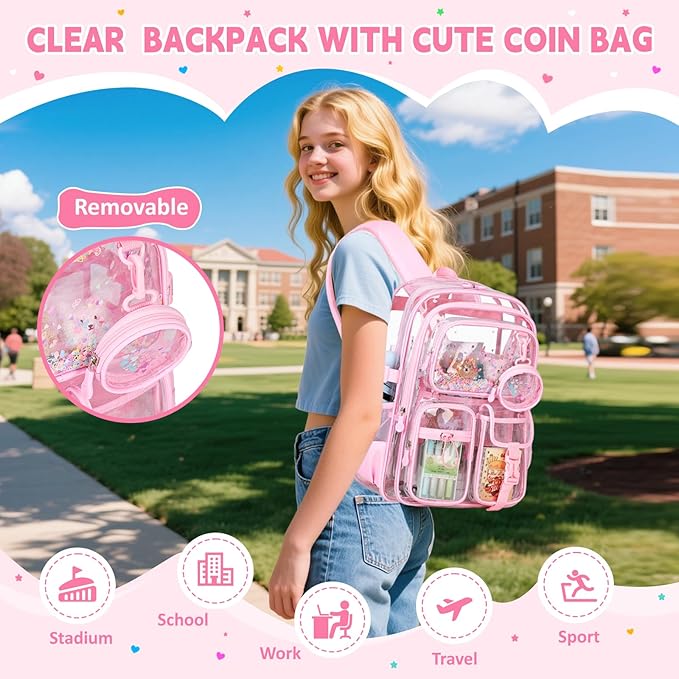 Clear Backpack for Girls School Clear Bookbag Stadium Events Heavy Duty Transparent Back Pack, Pink