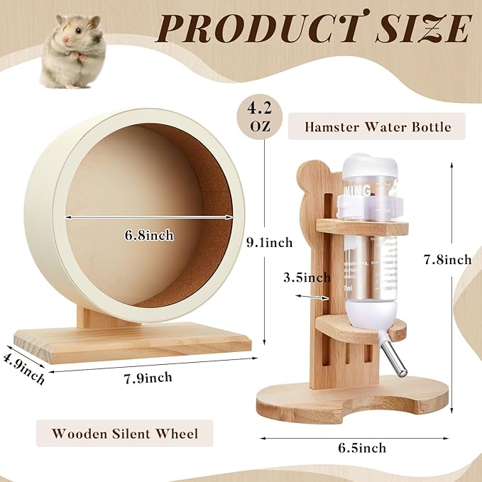 2 Pcs S, 7.9 Inch Wooden Hamster Wheel Silent Exercise Wheel with Water Bottle Stand Stable Running for Dwarf Hamster Gerbil Mouse Small Animal Cage Accessories