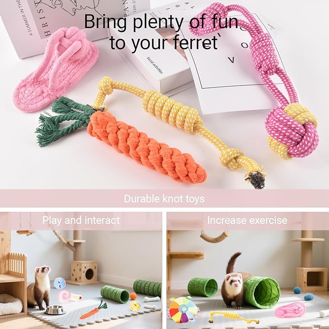 13 Pack Ferret Toys Set, Colorful Chew Teething Rope Squeaky Interactive Sound Chewing Balls Exercise Scratch Toys for Ferrets Rat Small Animals (Multicolour)