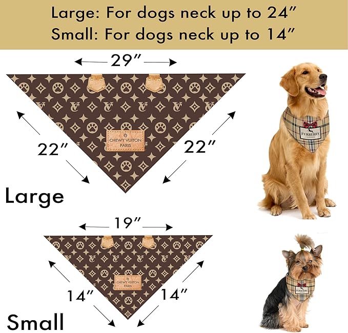 Chewy Vuiton Dog Bandana Designer Fashion Scarf Kerchief for Small Medium and Large Dogs, Funny Parody Gift for Girl or Boy Dog, Soft Durable Fabric, Adjustable Tie-On Style Triangle