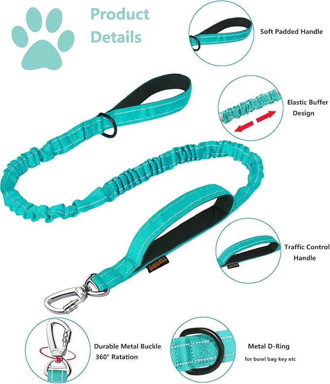 AUBELL Tactical Dog Collar and Leash Set, Reflective Adjustable Heavy Duty Military K9 Collars with Handle and Metal Buckle for Medium Dogs, with Airtag Case and 2 Patches(Teal,M)