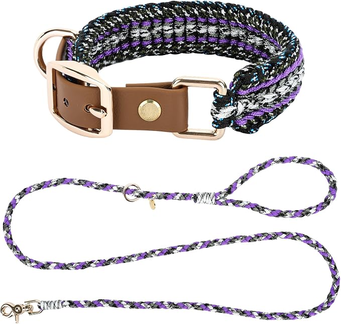 Tirevt Hand-Woven Dog Collar and Leash Set:Color-Block Design, Premium Reinforced Buckle, Adjustable Artisan Paracord for Puppies, Small, Medium & Large Dogs (Purple, S)